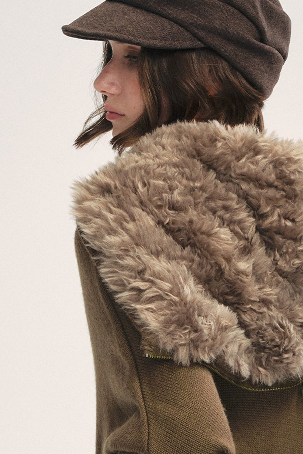 Detachable Navy Fur Collar Cable-Knit Cardigan