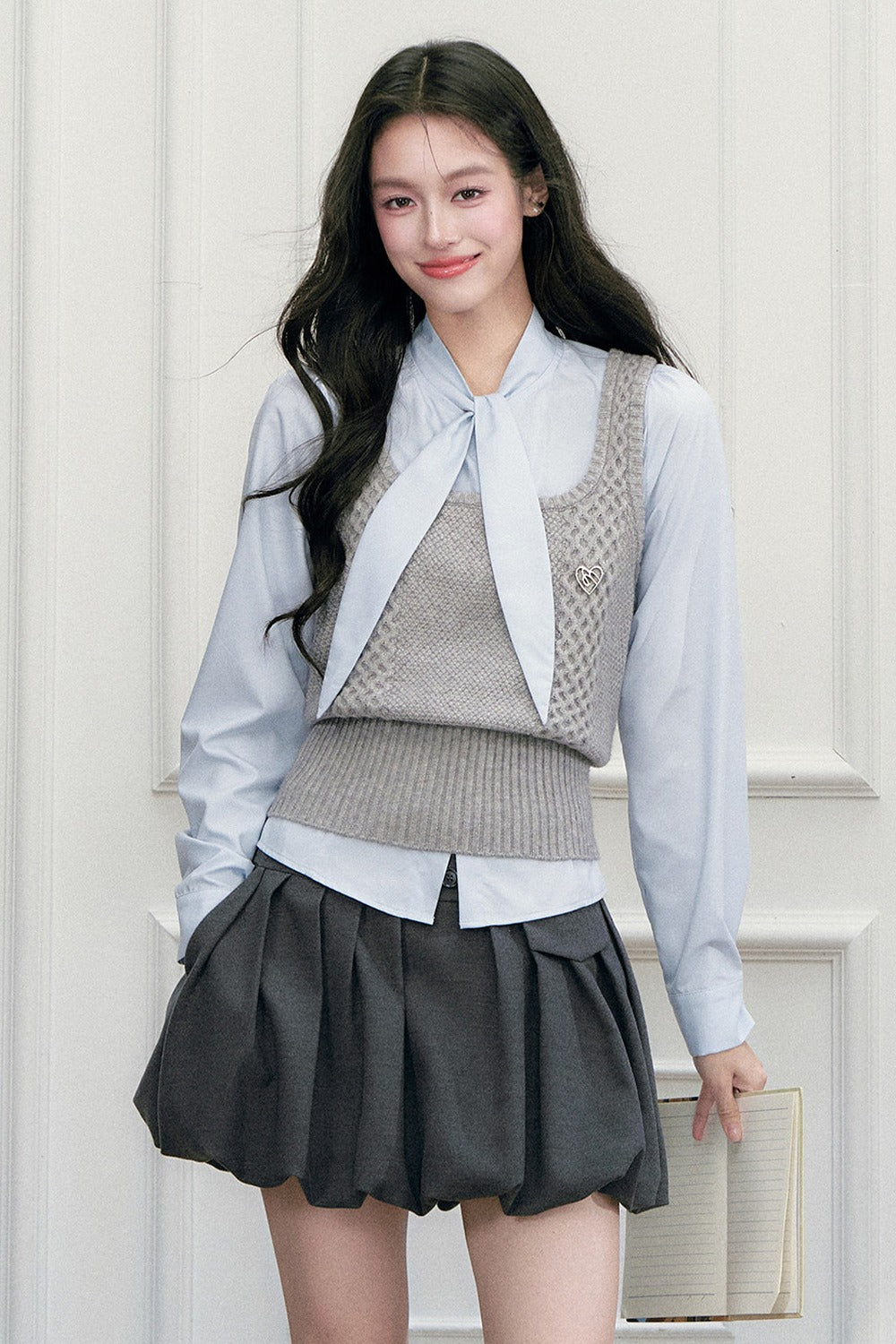 Pleated Skirt Shirt Vest Set-Up