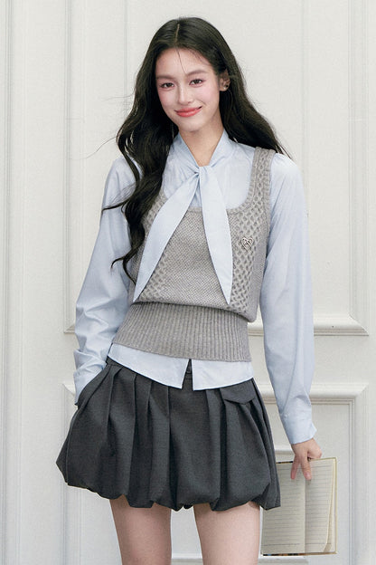 Pleated Skirt Shirt Vest Set-Up