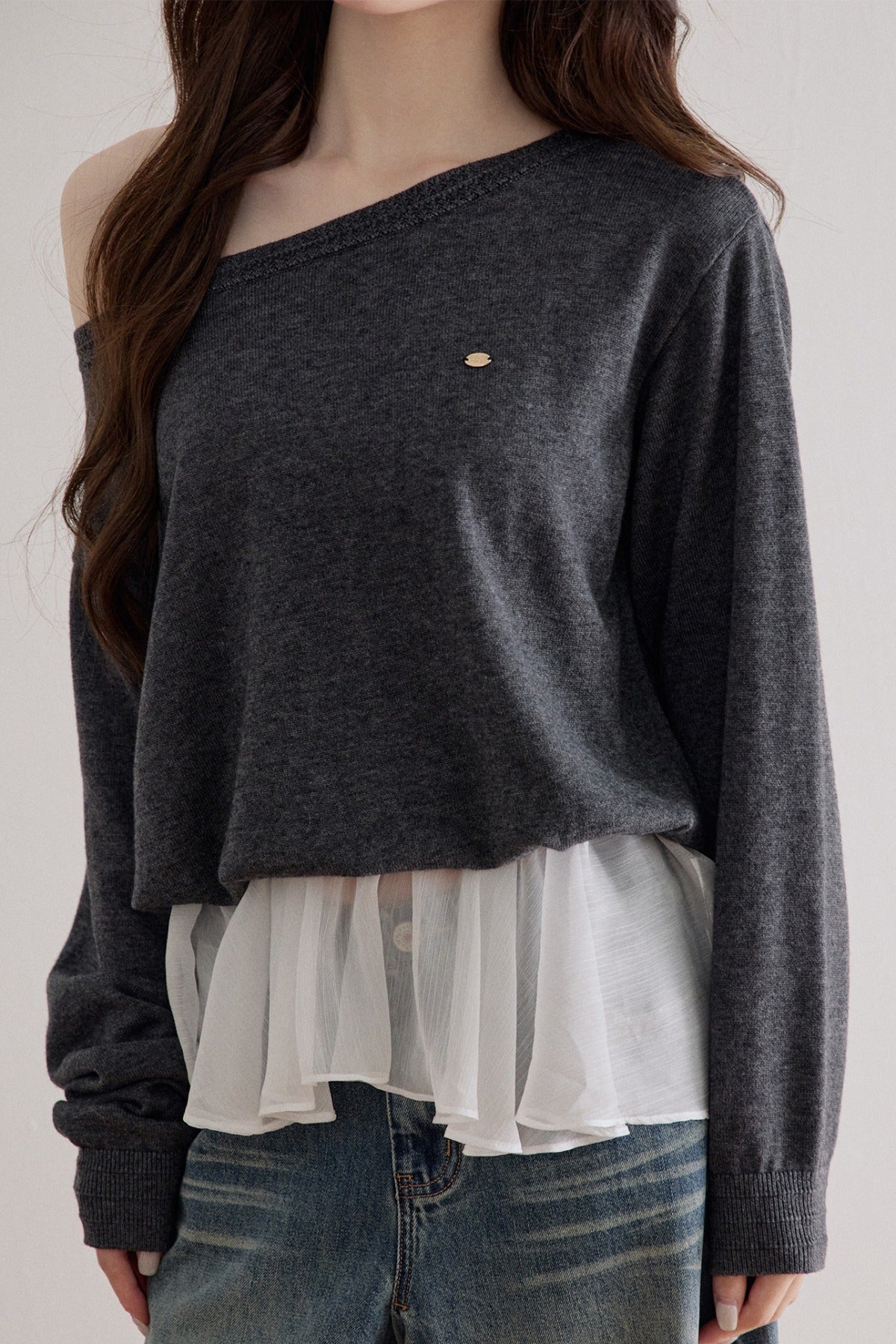 Wool Blend Mesh Patchwork Layered-Look Knit Top