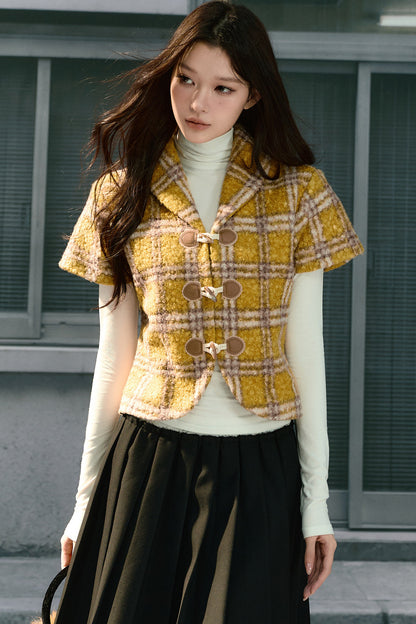 Retro Lapel Plaid Short-Sleeved Jacket