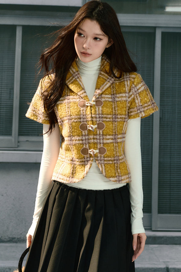 Retro Lapel Plaid Short-Sleeved Jacket