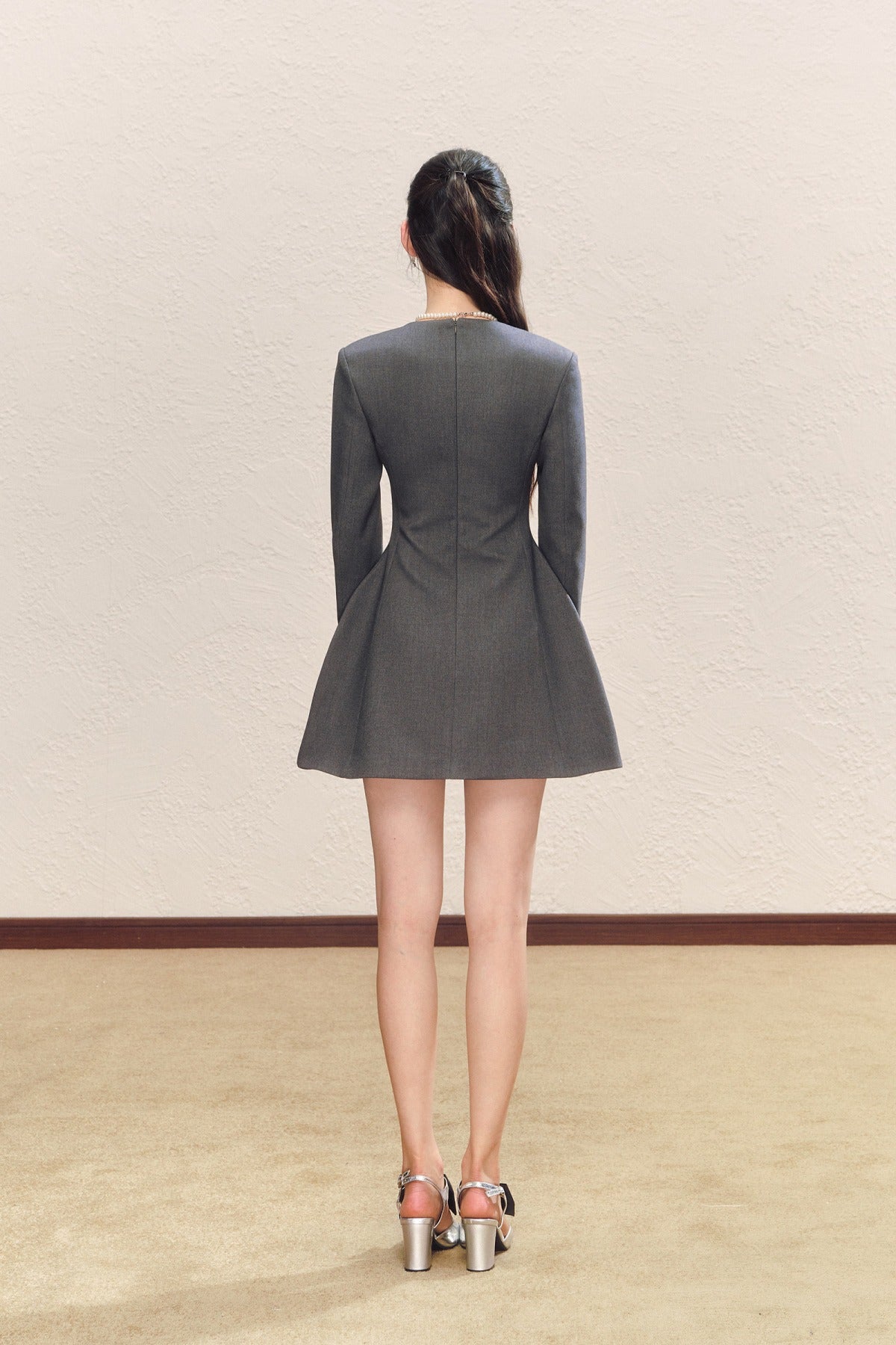 Gray Long Sleeve Square Neck Bow Bubble Dress