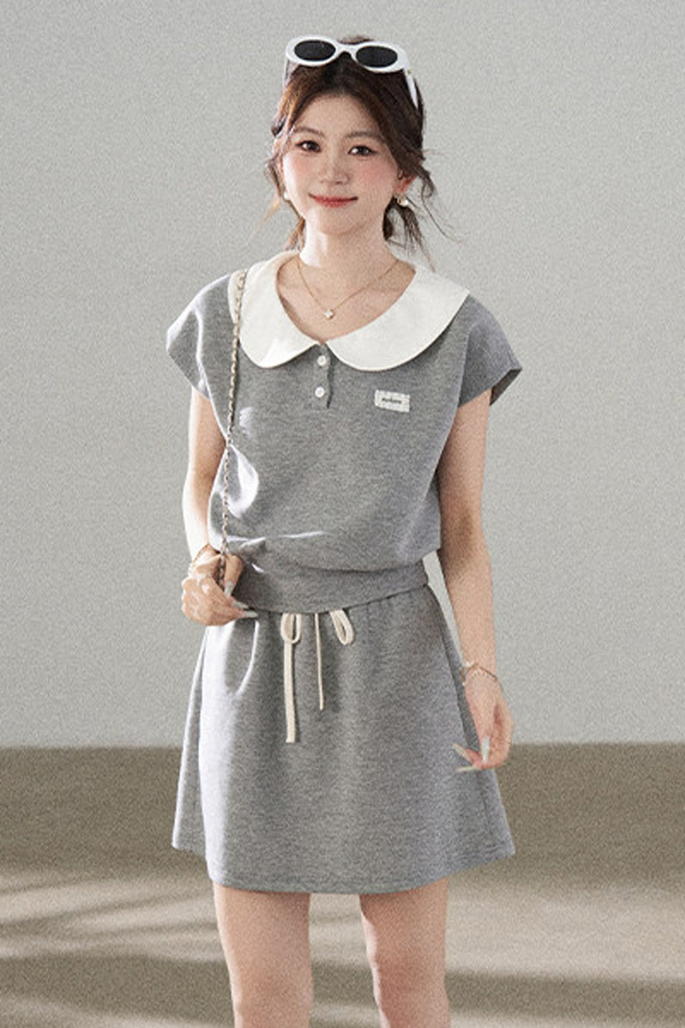 Gray Doll Collar Short-Sleeve Top and Skirt Set-Up
