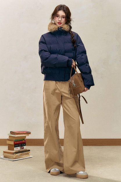 Navy Blue Fur Collar Padded Jacket and Pants Set-Up