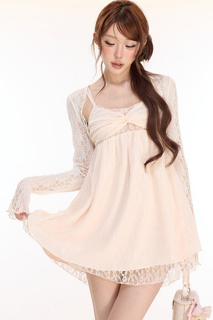Spaghetti Strap Cross Knot Spliced Lace Dress and Cardigan Set-Up