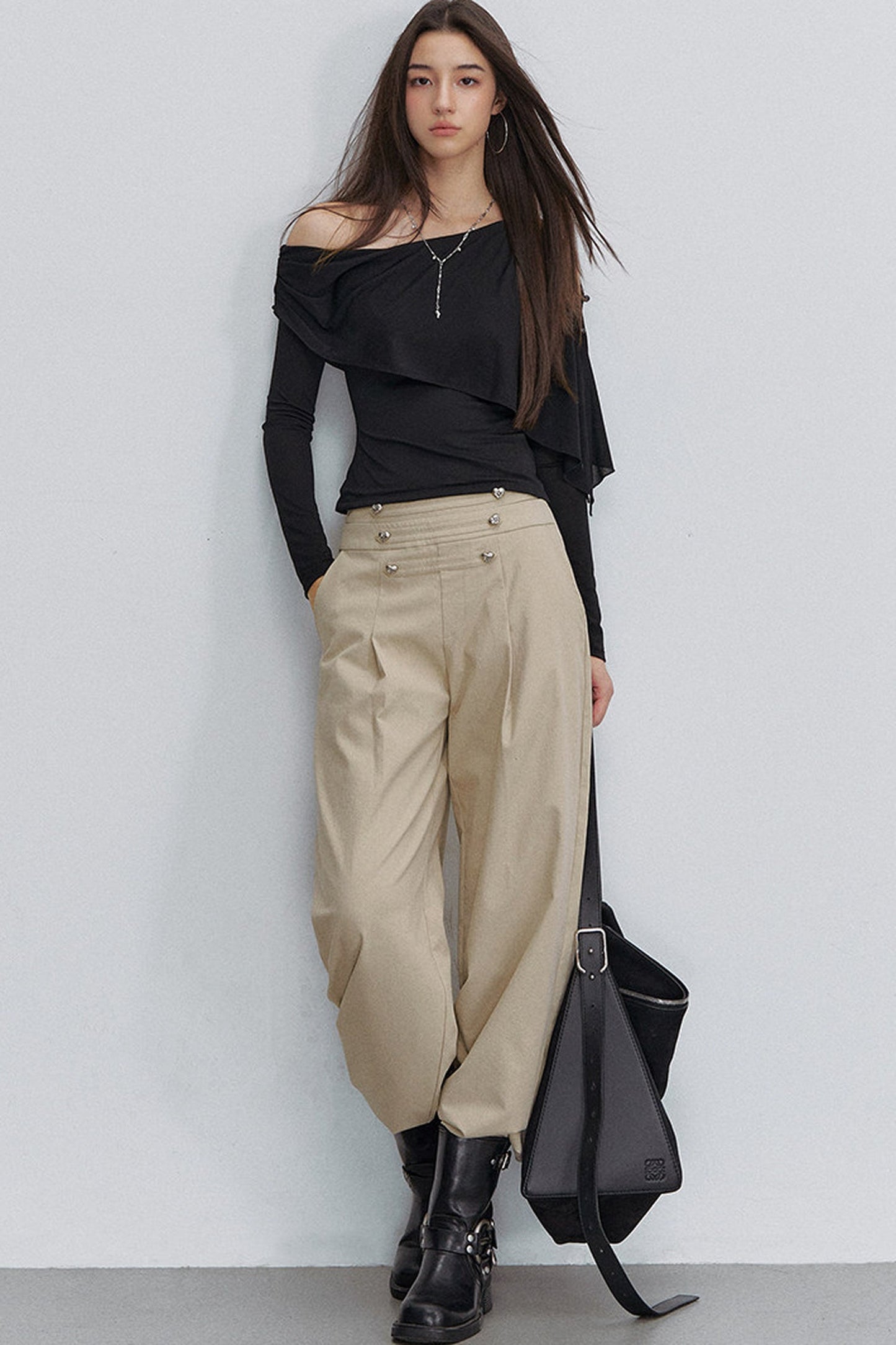 Pleated Heart Button Pants