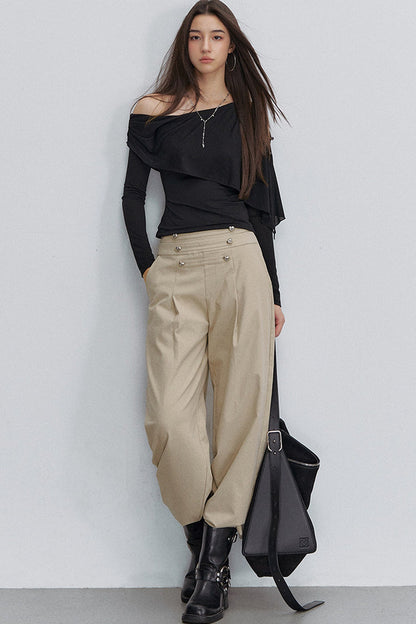 Pleated Heart Button Pants