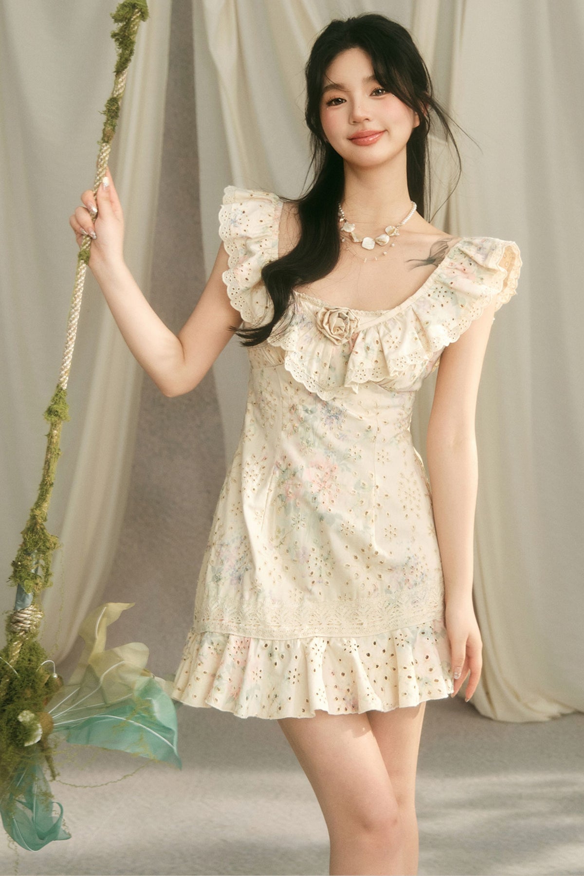 Floral Ruffle V-Neck Bow Short Dress