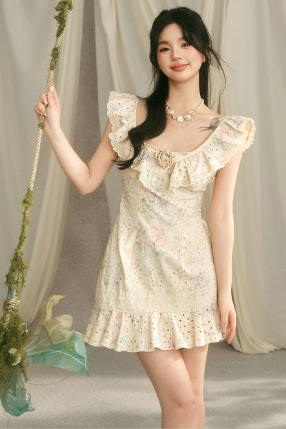 Floral Ruffle V-Neck Bow Short Dress
