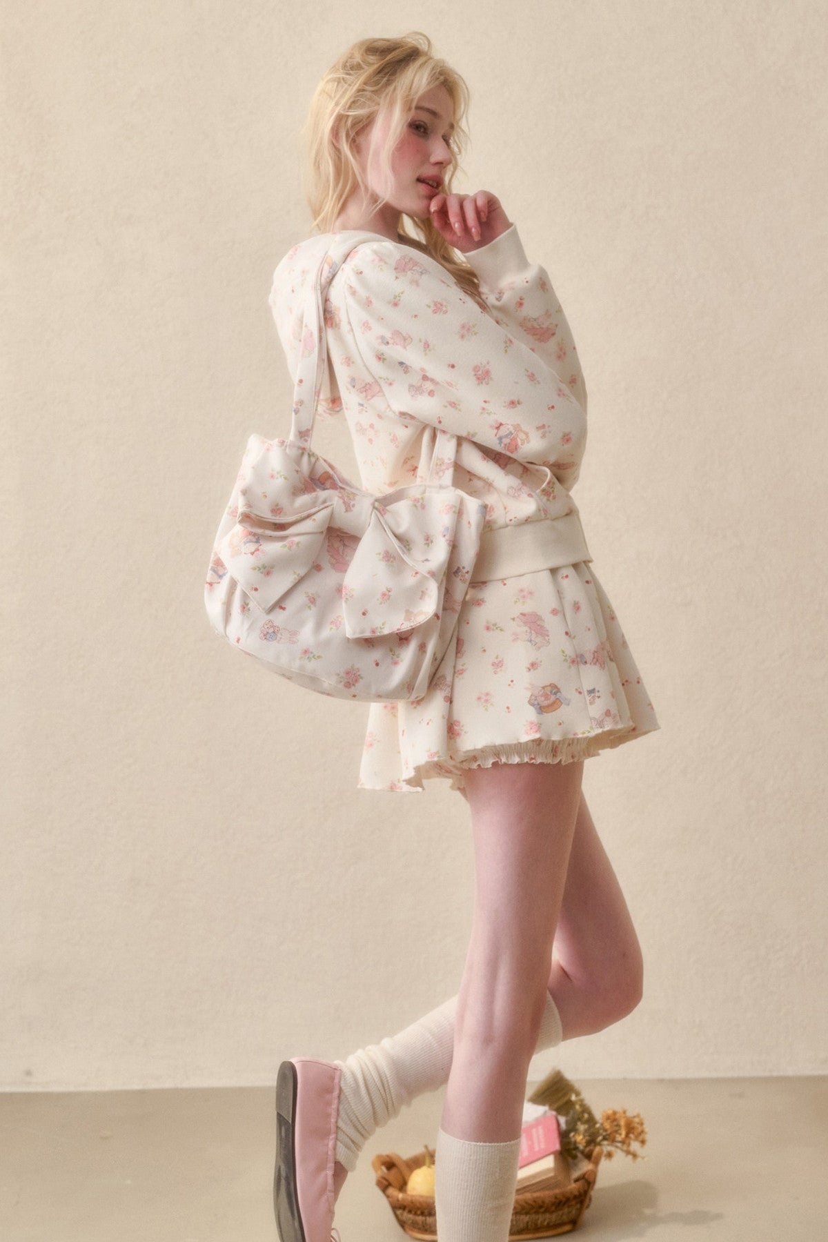 Bunny Print Hoodie Skirt Set-Up