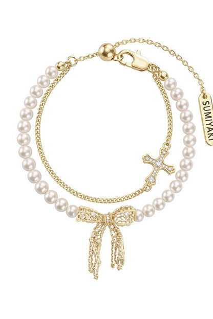 Lace Bow Double-Layered Pearl Bracelet