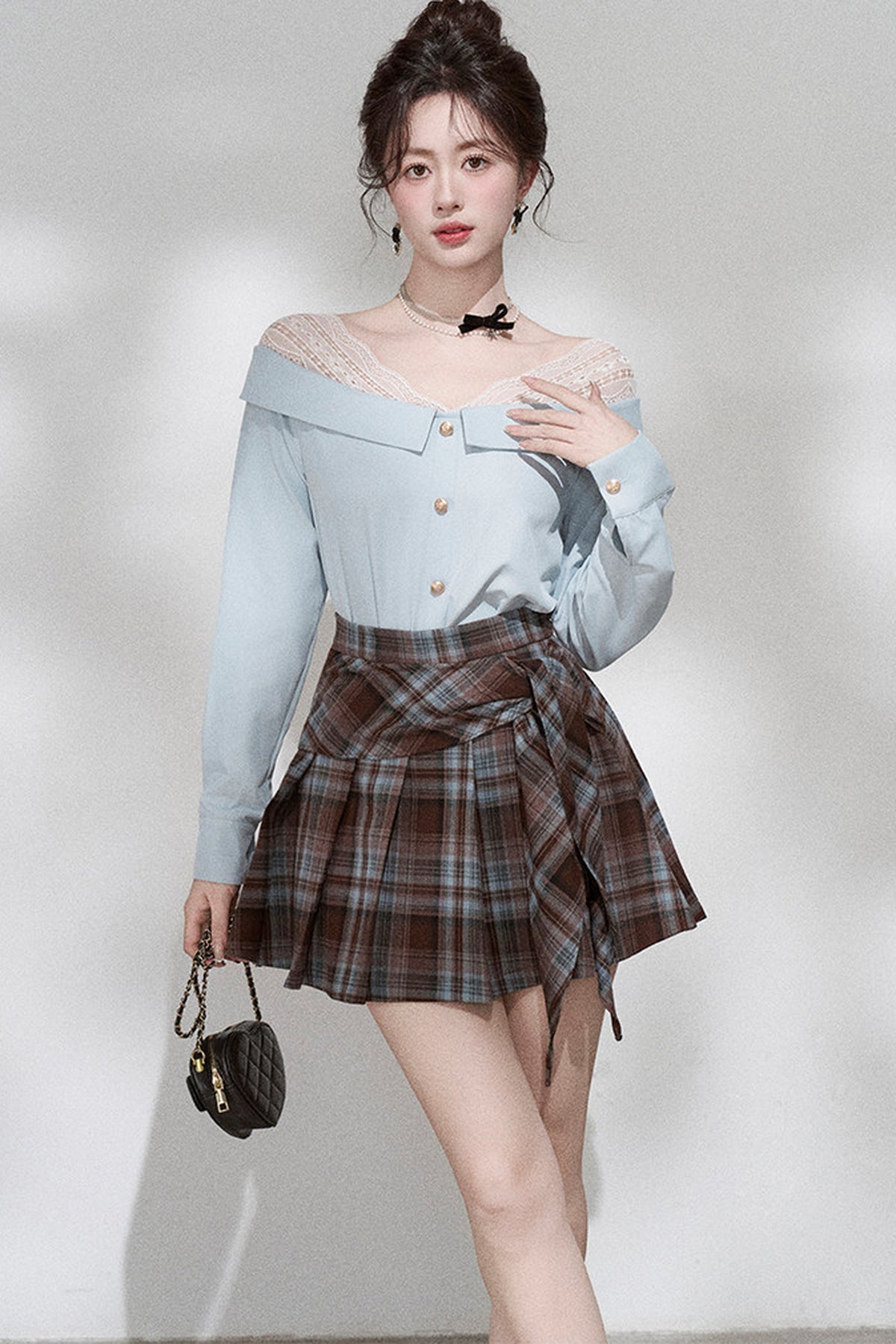 Blue Off-Shoulder Lace Blouse and Skirt Set-Up