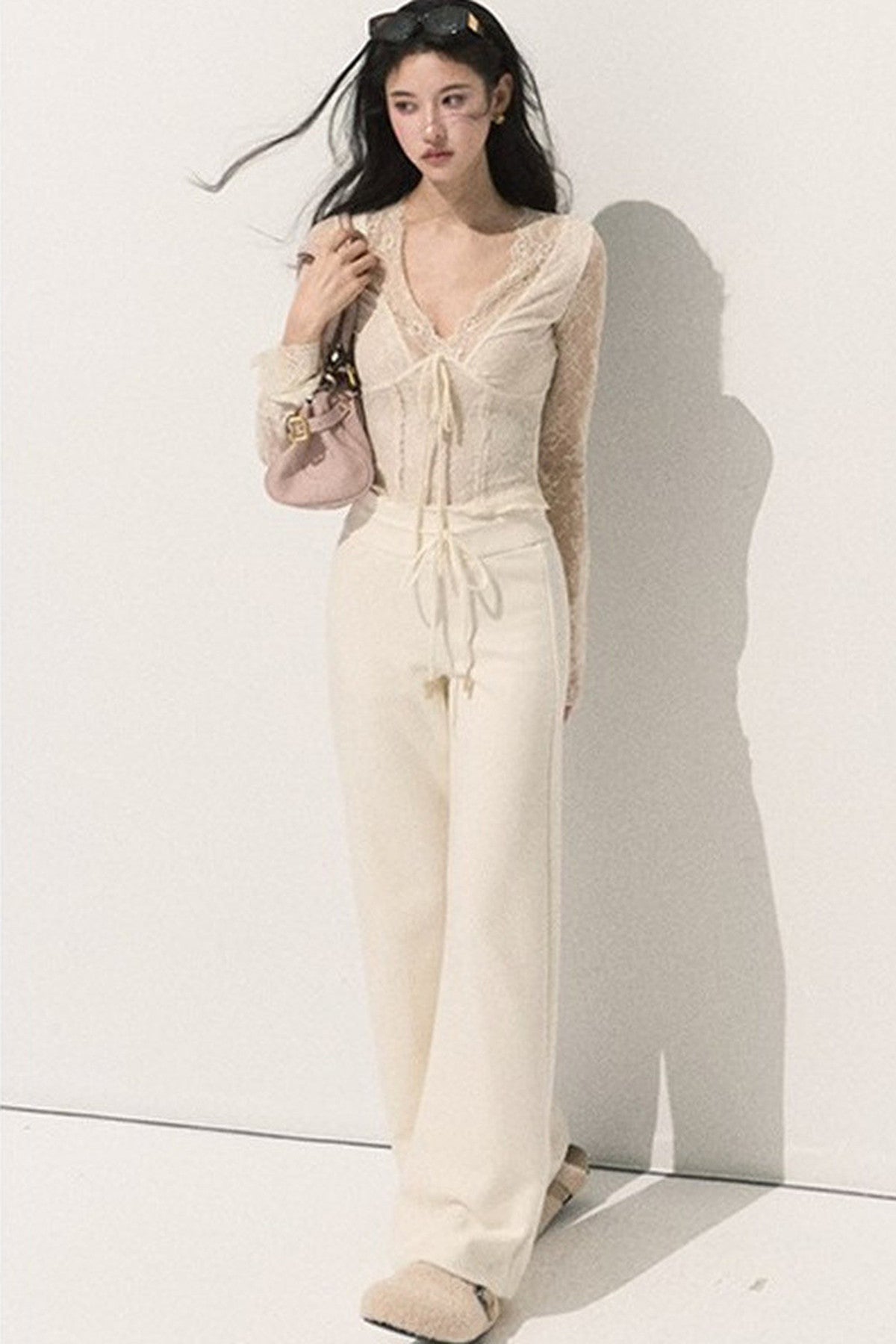 Silver-Embellished High-Waisted Wide-Leg Pants