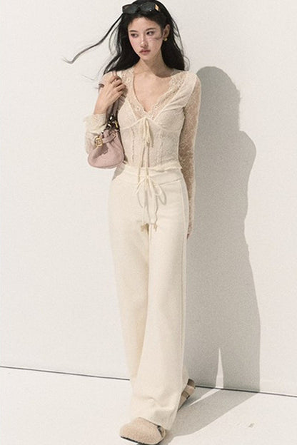 Silver-Embellished High-Waisted Wide-Leg Pants