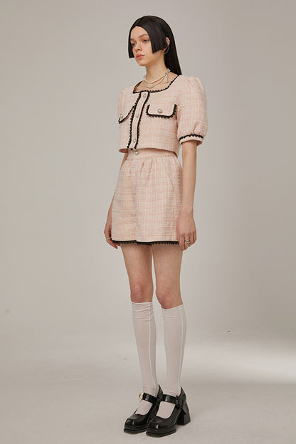 High-Waisted Lace Trim Tweed Shorts
