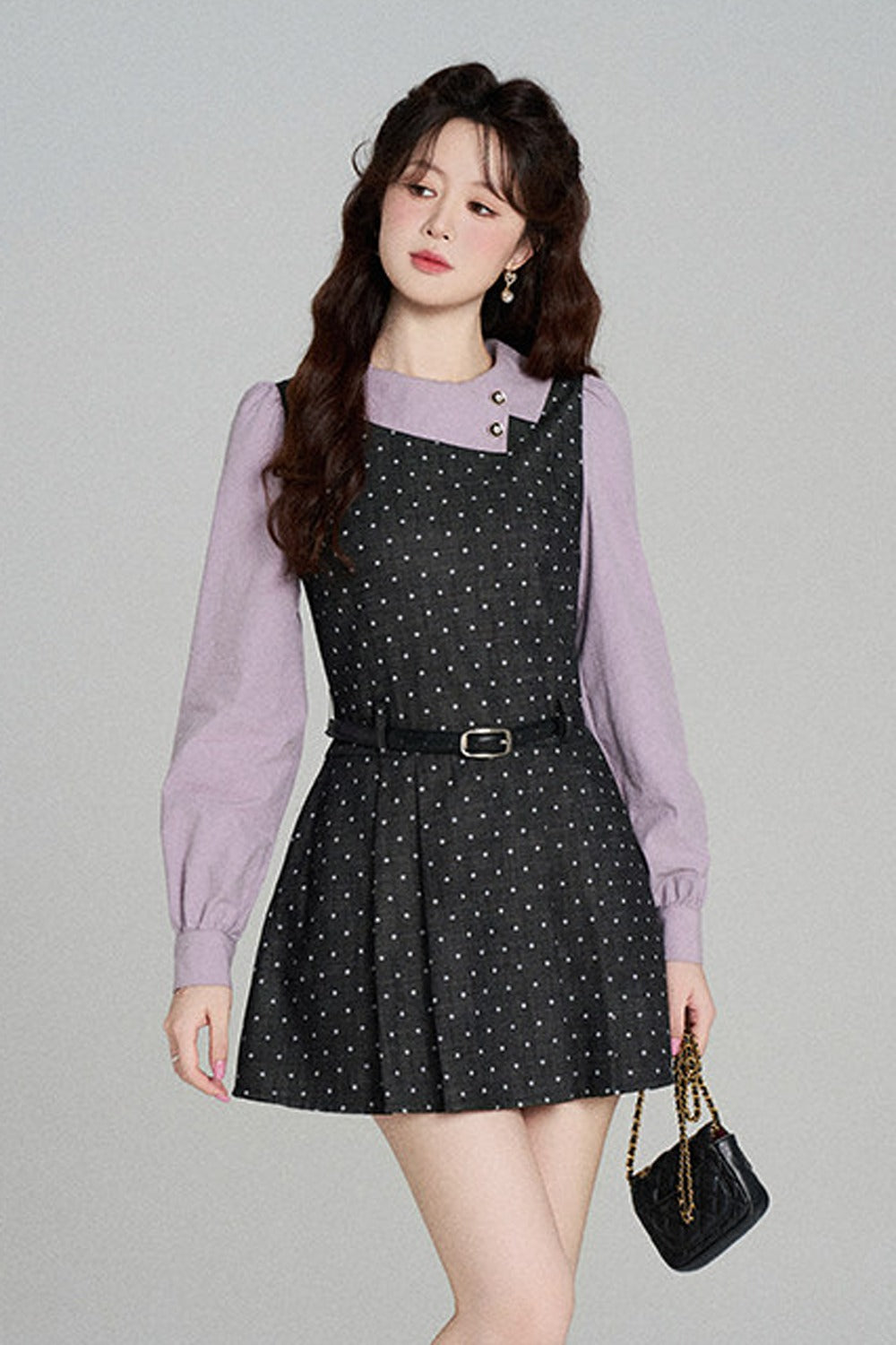 Black Purple Polka Dot Long Sleeve Dress