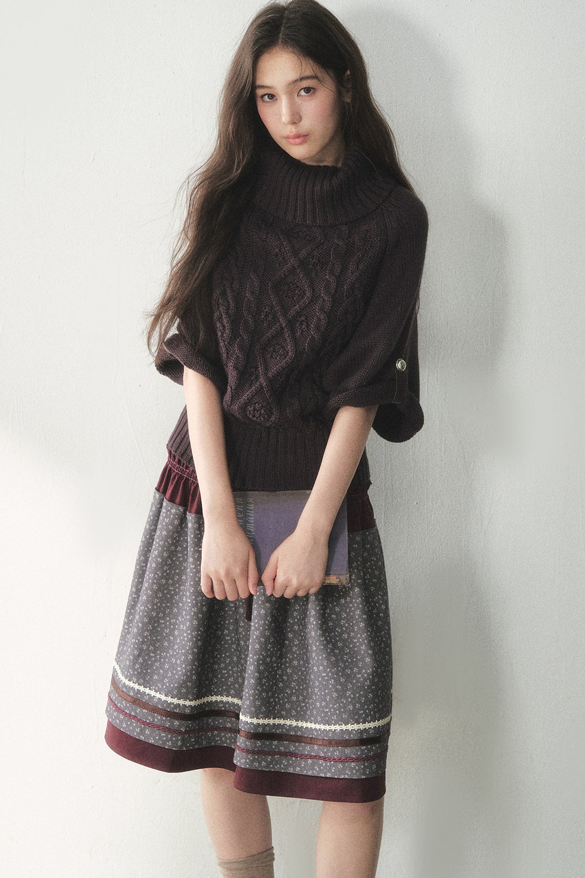 Berry Purple High-Neck Wool Knit Cape