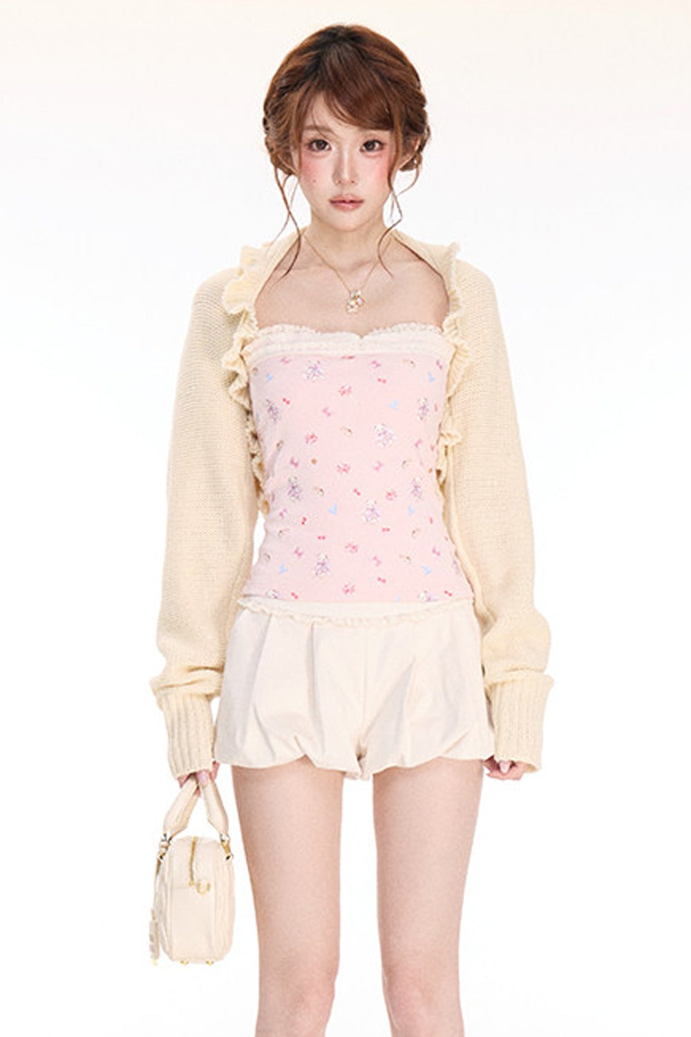 Ruffled Knit Cardigan Printed Lace Camisole Suede Shorts Set-Up
