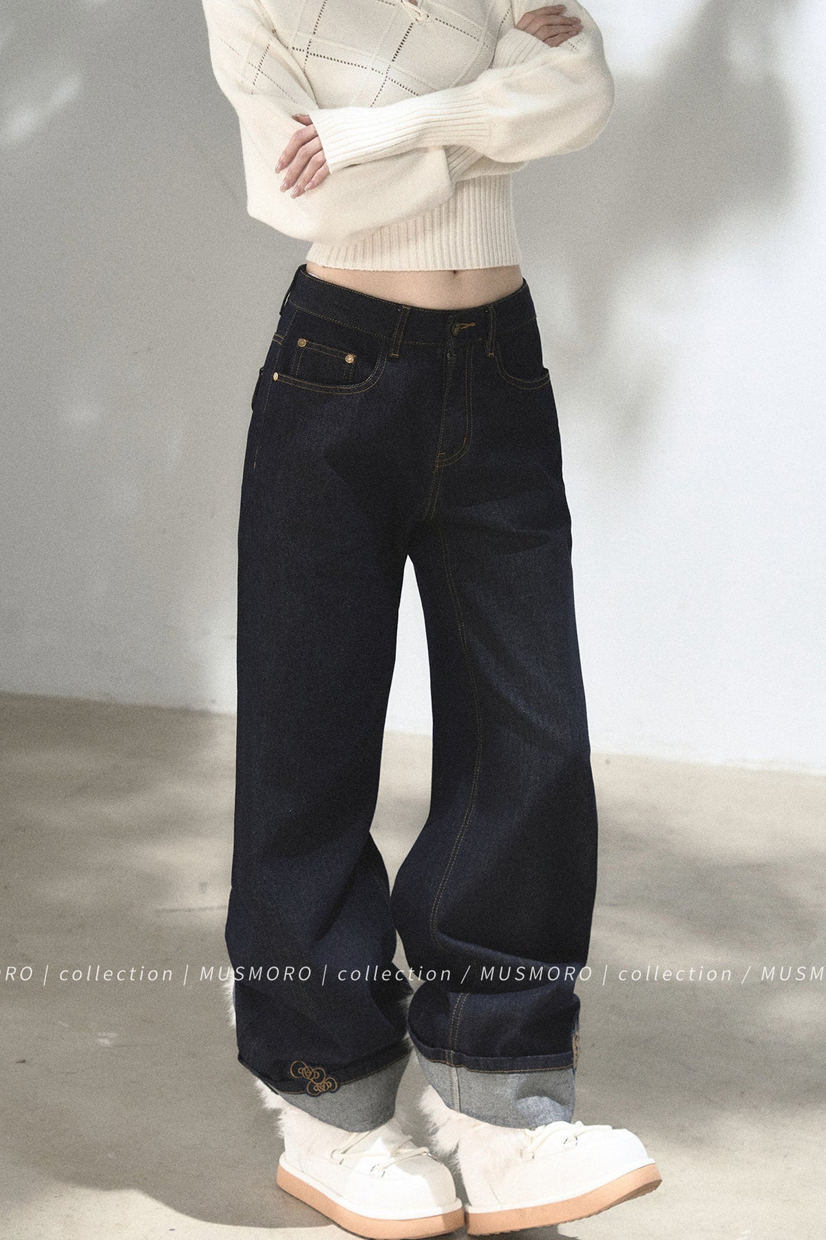 Embroidered Cat Raw Denim Jeans