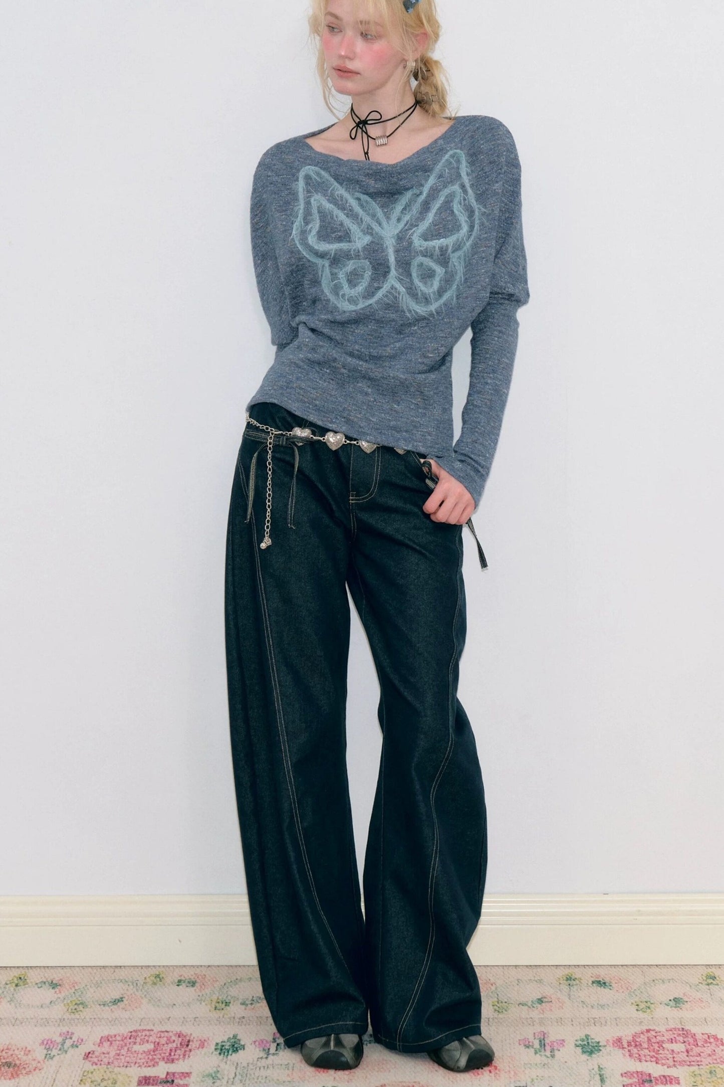 Vintage Butterfly Embroidery Knit Top