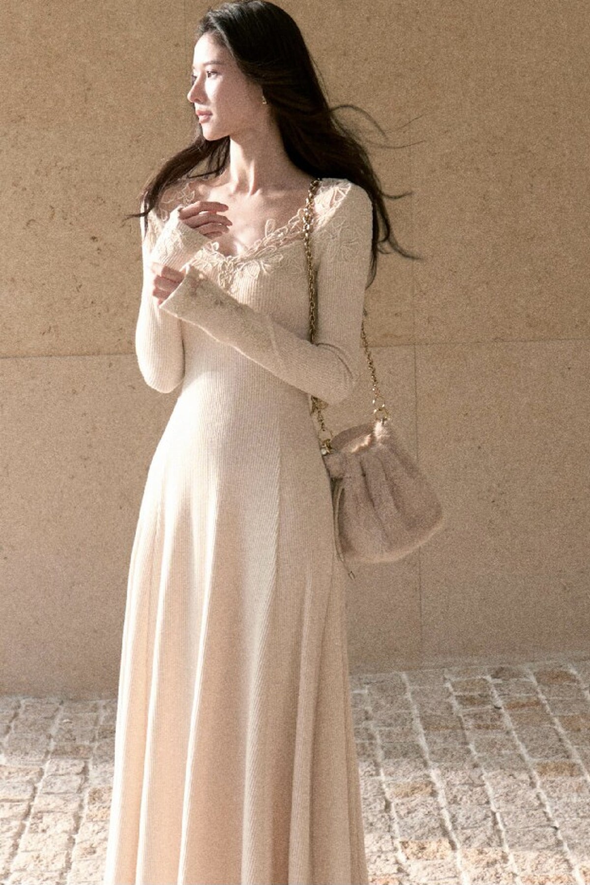 Spliced Lace Trim Long-Sleeve A-Line Dress