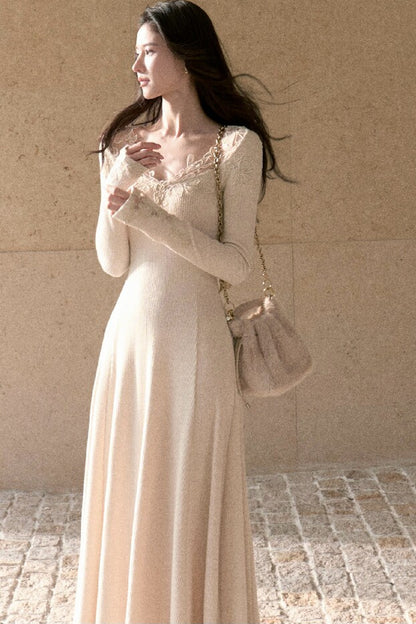 Spliced Lace Trim Long-Sleeve A-Line Dress