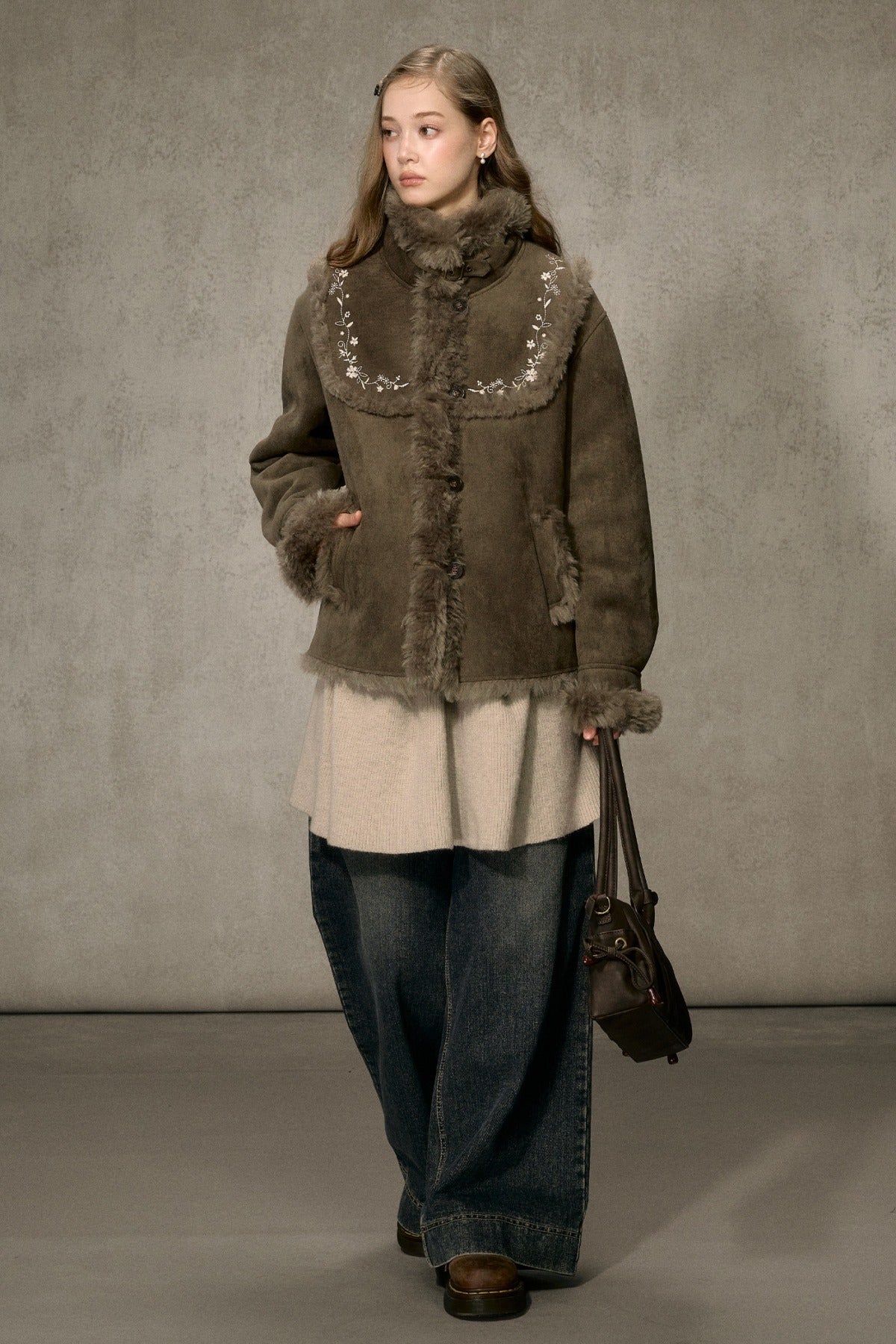 Embroidered Fur Collar Shearling Jacket