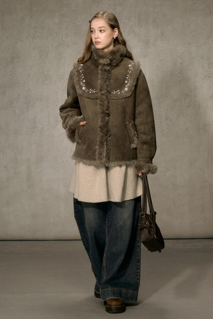 Embroidered Fur Collar Shearling Jacket