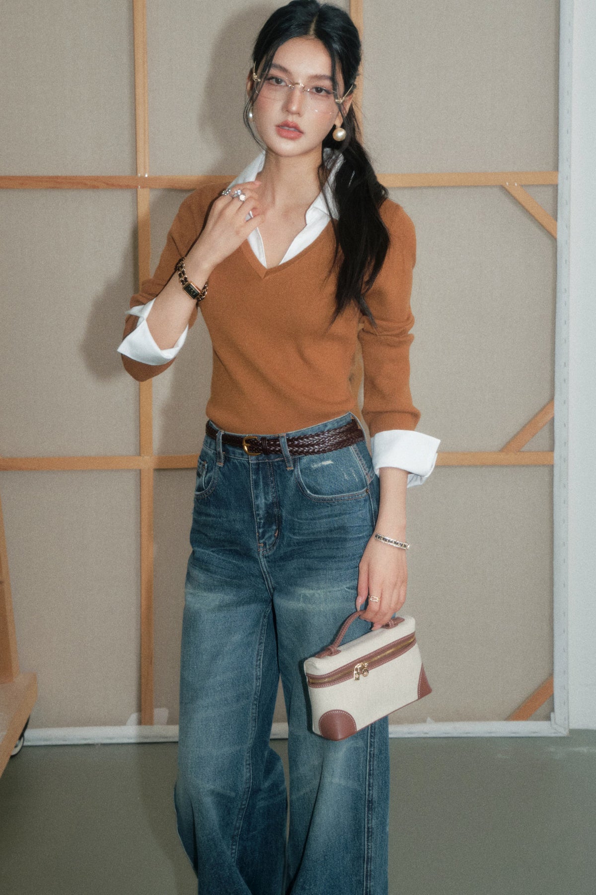 Brown Layered-Look Wool Knit Top and Pants Set