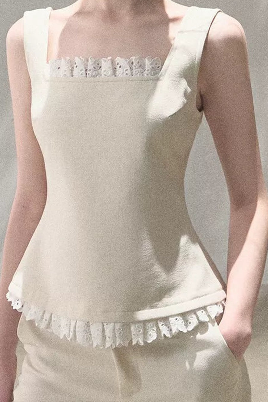 Linen Lace Patchwork Vest and Pants Set-Up