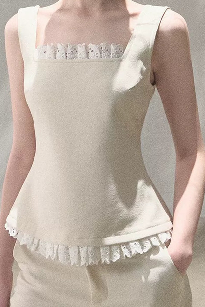Linen Lace Patchwork Vest and Pants Set-Up