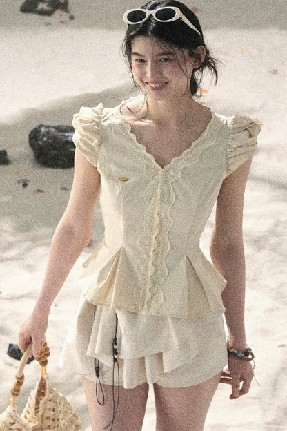 French V-Neck Lace Puff Sleeve Blouse