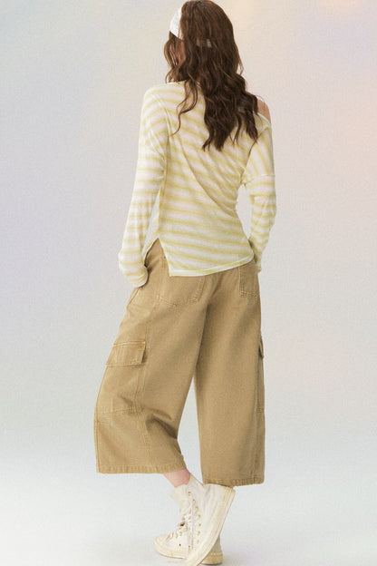 Off-Shoulder Striped Long-Sleeve Blouse