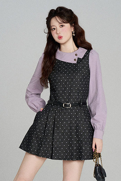 Black Purple Polka Dot Long Sleeve Dress