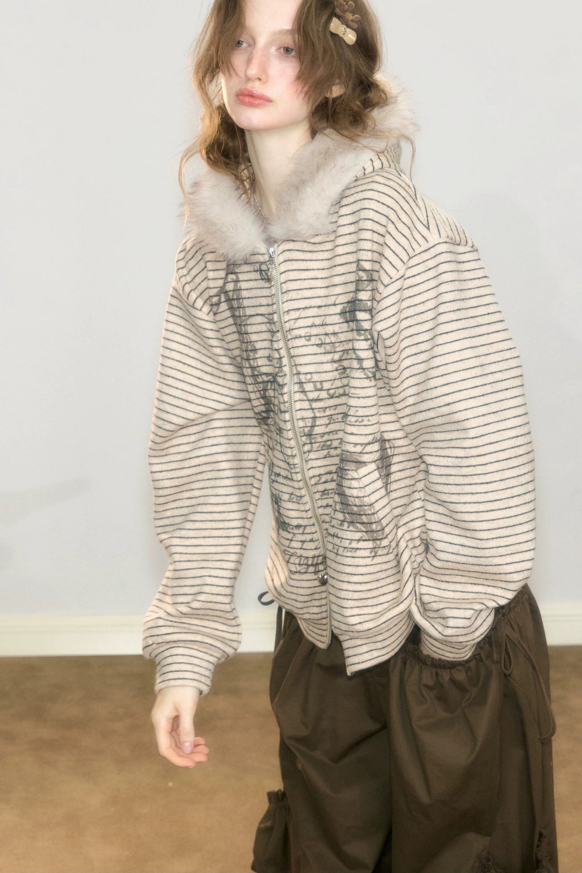 Fur Collar Hooded Striped Graffiti Jacket