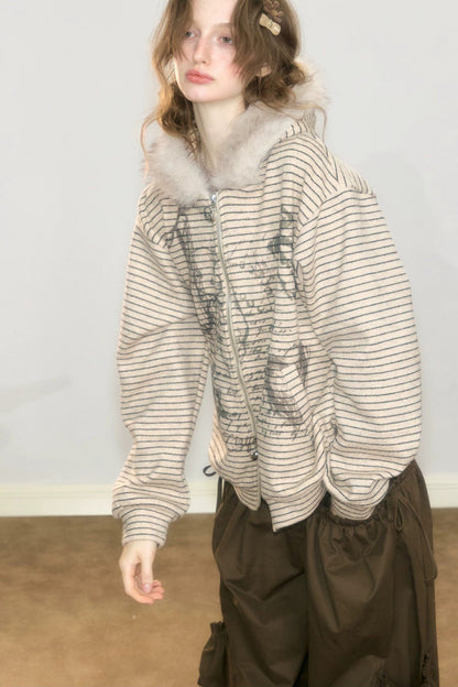 Fur Collar Hooded Striped Graffiti Jacket