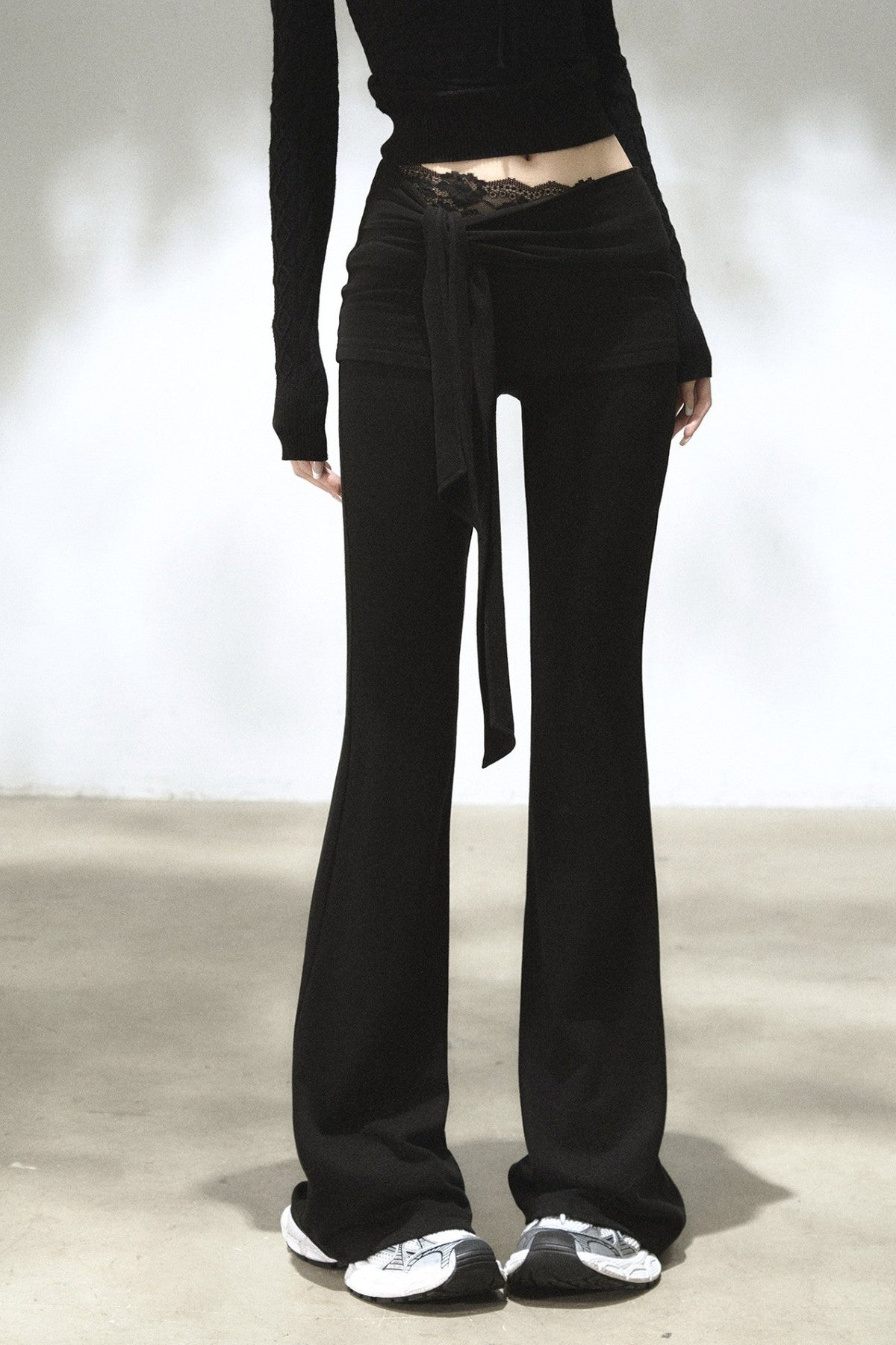 Fold-Over Waist Lace Tie-Up Flared Pants