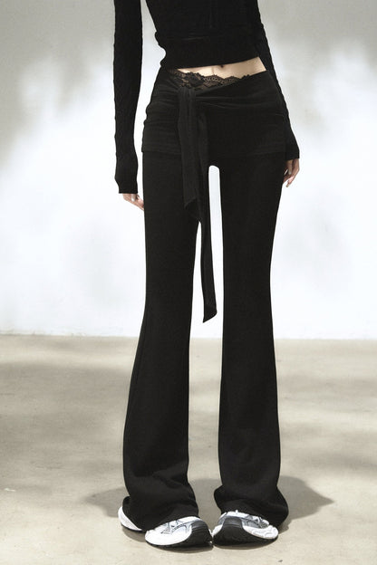 Fold-Over Waist Lace Tie-Up Flared Pants