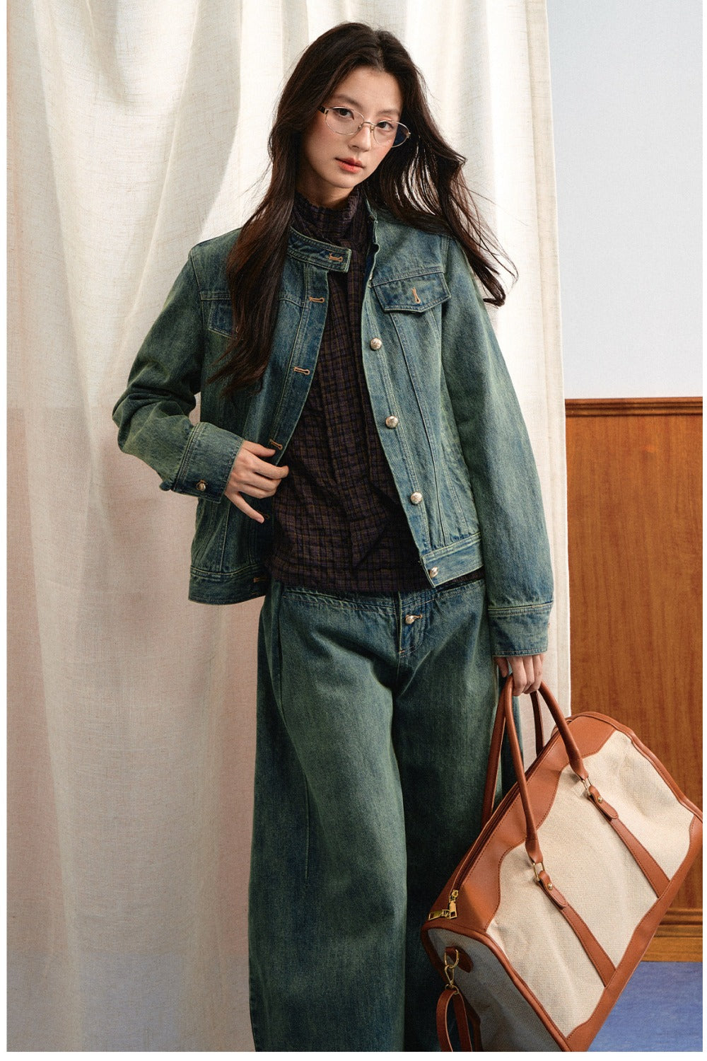 Retro Washed Denim Top and Wide-Leg Pants Set-Up