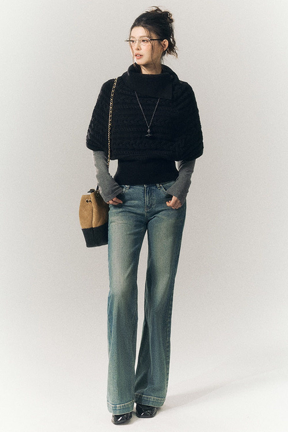 Cable Knit Lapel Cape Sweater