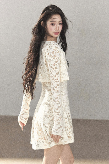 Ensemble robe bouffante ajourée en dentelle et veste