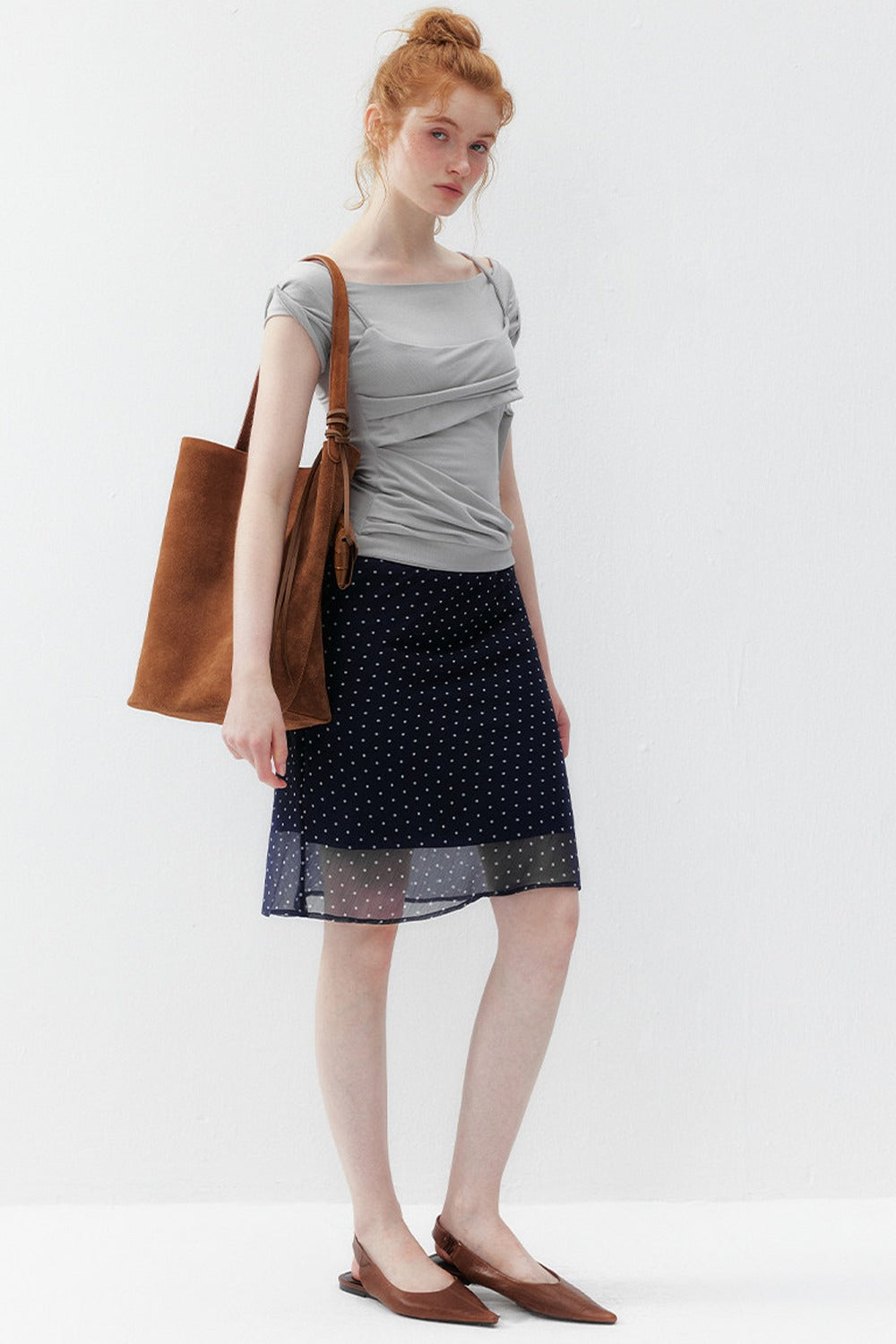 Navy Polka Dot Double-Layer A-Line Mesh Skirt
