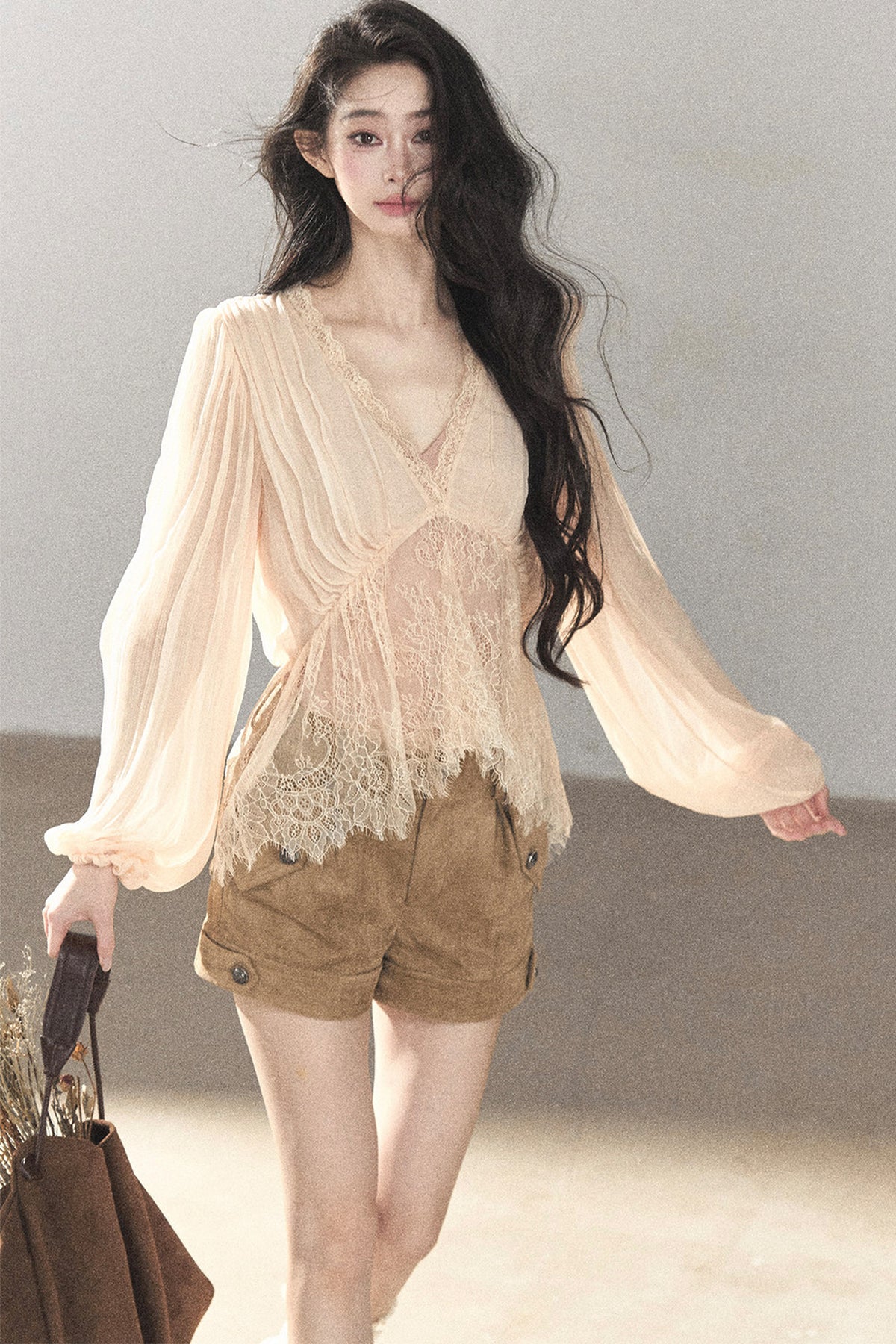 Lace Chiffon Lantern Sleeve Top Set