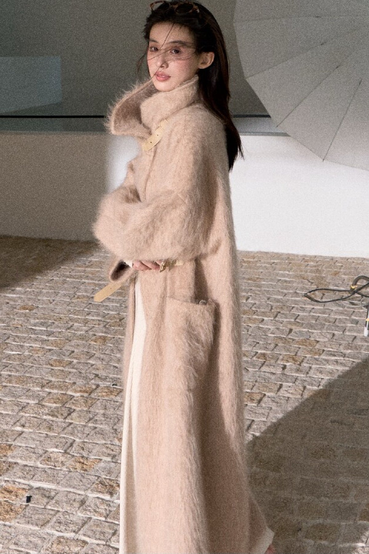 Brushed Cashmere Silk Funnel Collar Coat