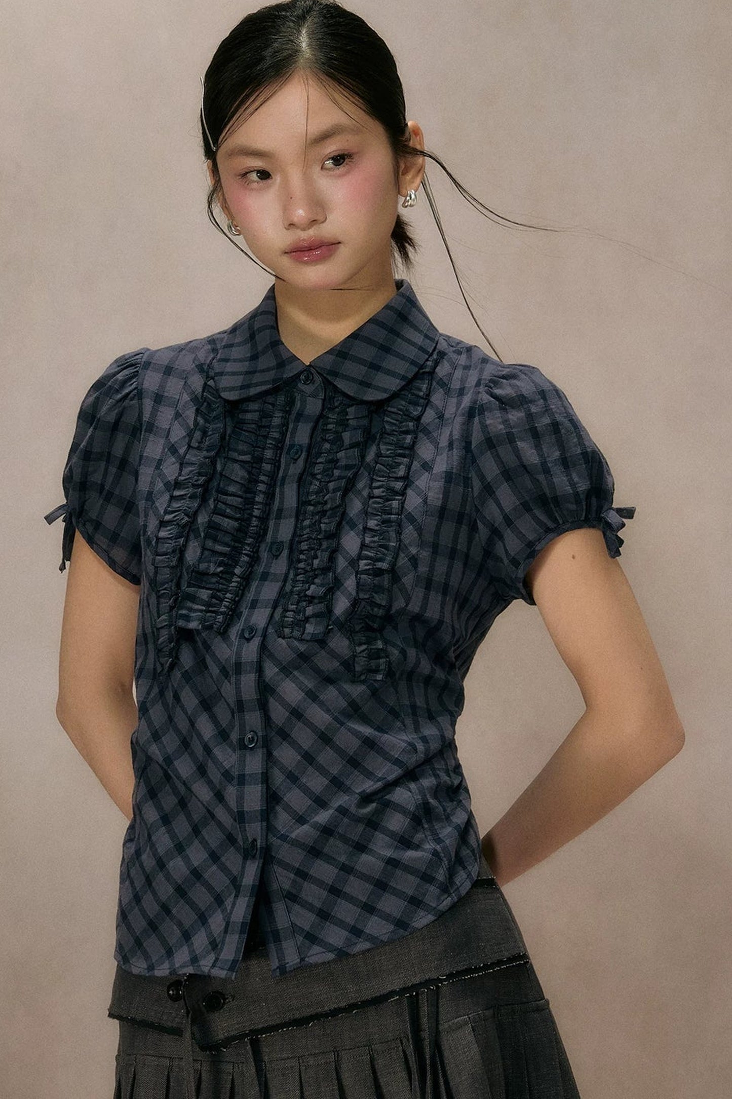Navy Plaid Ruffled Short Sleeve Shirt
