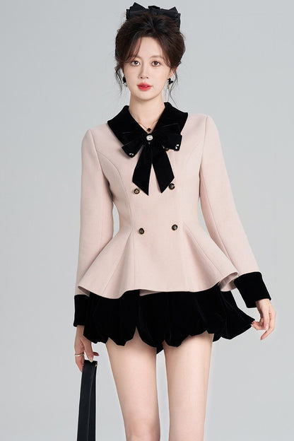 Pink Woolen Coat and Black Skirt Set-Up