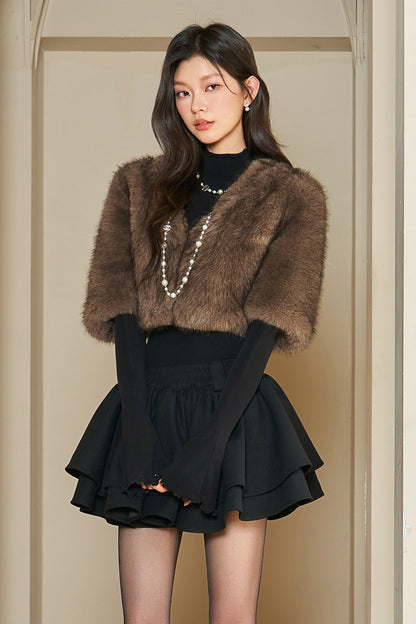 Brown Eco-Fur V-Neck Cape