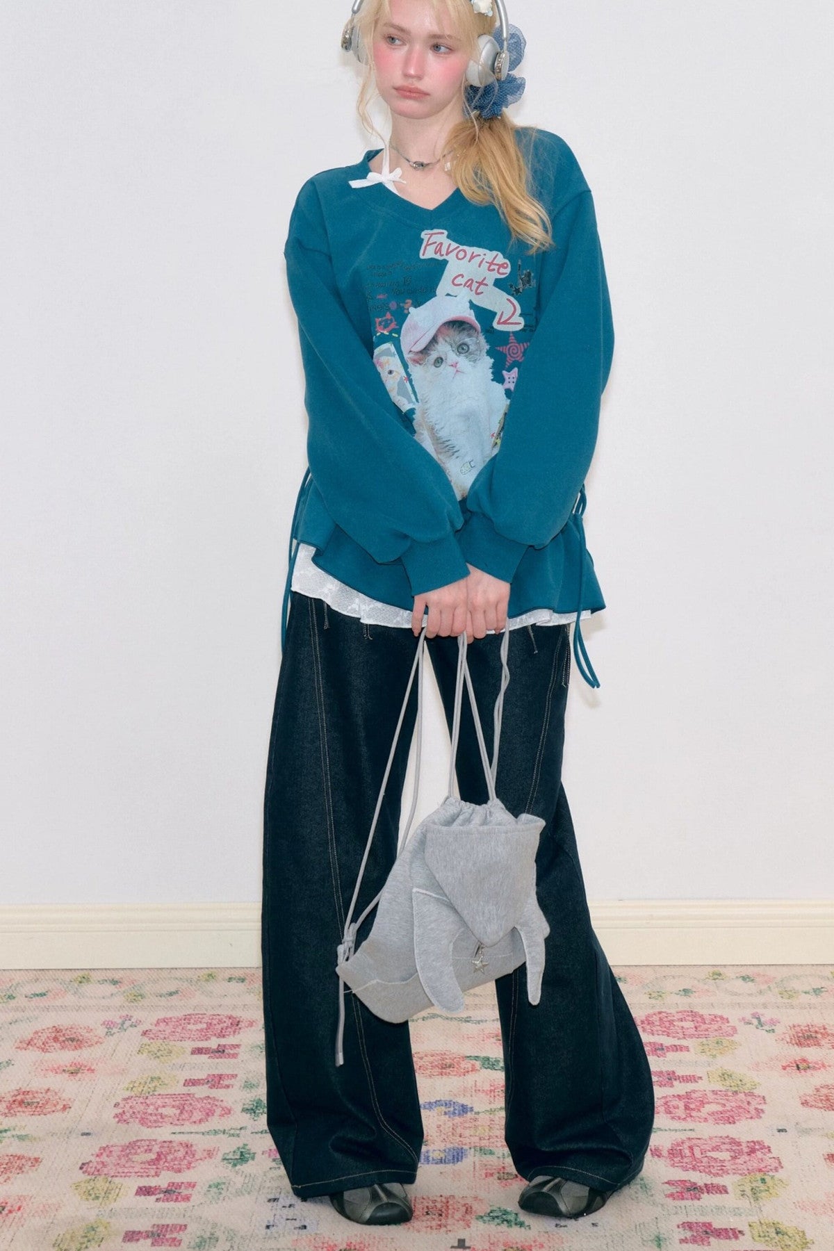 Cat Print V-Neck Drawstring Hem Sweatshirt