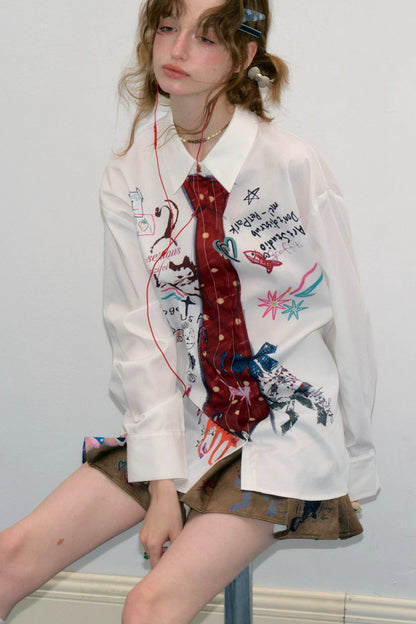 White Tie Print Long Sleeve Shirt